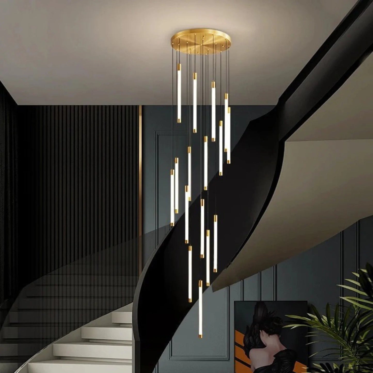 Heather Gold and Black LED Staircase Chandelier - Chandeliers | Lucera Lighting