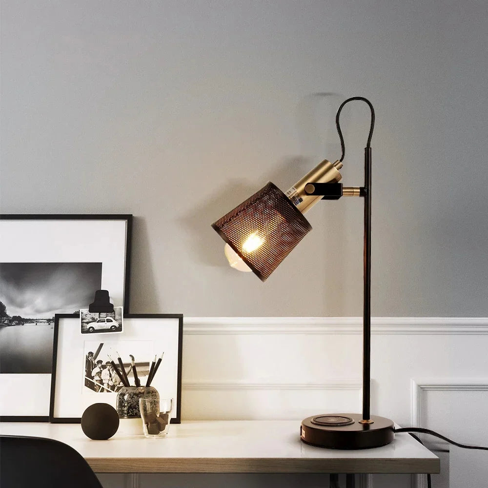 Selene Industrial Retro Black Iron Desk Lamp with Wireless - Lamps | Lucera Lighting