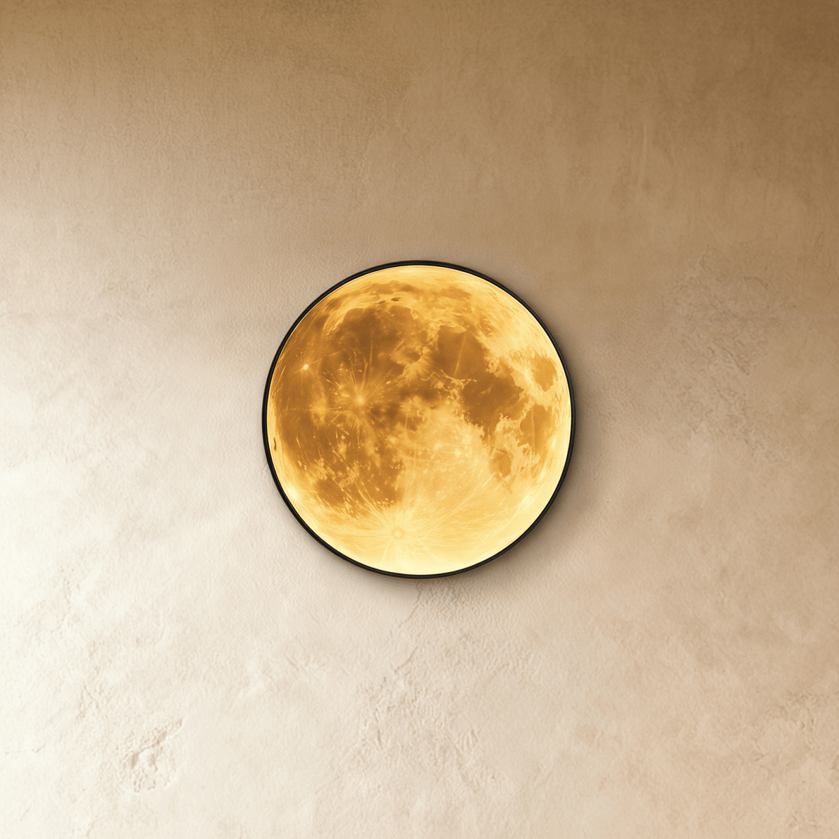 Caspian Moon Wall Lamp halo backlight casting soft shadows on a textured plaster wall