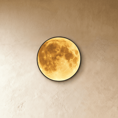 Caspian Moon Wall Lamp halo backlight casting soft shadows on a textured plaster wall