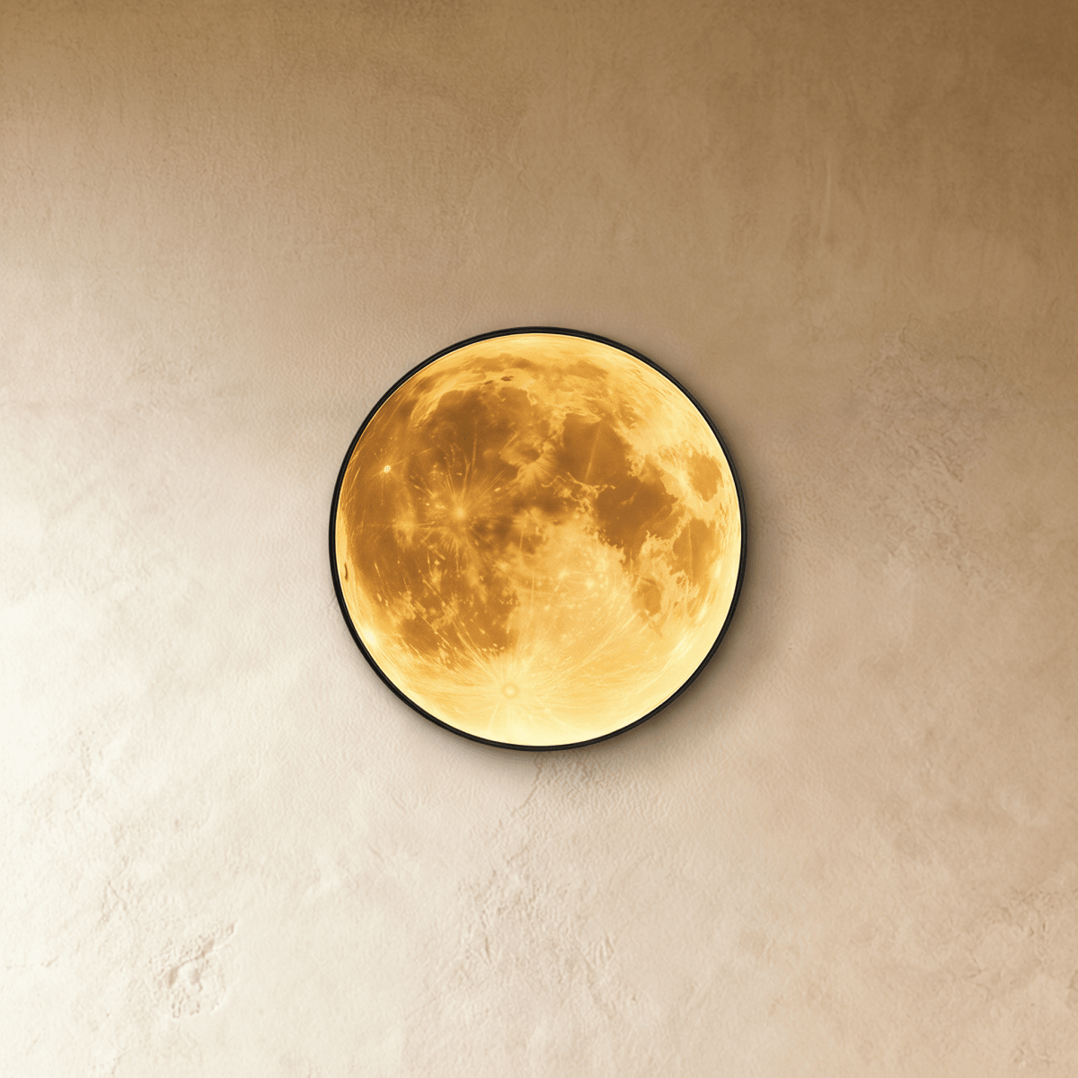 Caspian Moon Wall Lamp glowing at night in a dining room with dark walls and pendant lights