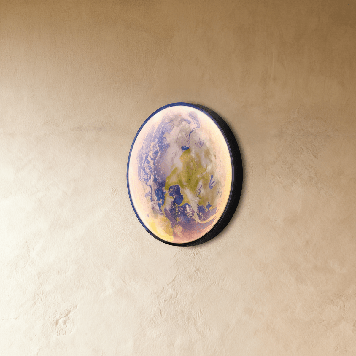 Caspian Moon Wall Lamp illuminated art in a nursery with a soft, dreamy glow and muted colors