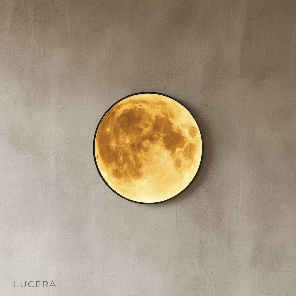 Caspian Moon Wall Lamp mounted above a reading nook with books and a chair in warm tones