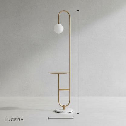 Minimalist studio view of the Art Deco floor lamp with glass and iron frame and integrated side table