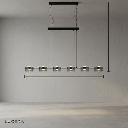 Minimalist copper chandelier with crystalline textured glass shades, front view studio lighting