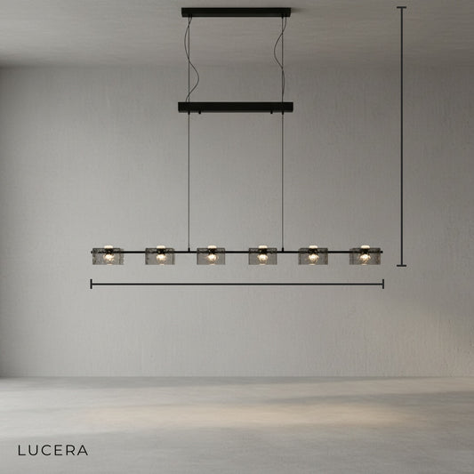 Minimalist copper chandelier with crystalline textured glass shades, front view studio lighting