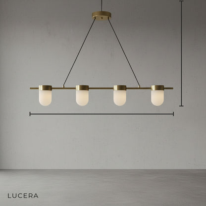 Front view of Art Deco chandelier with black metal frame and warm alabaster glass shades