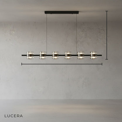 Front view of black metal chandelier with rectangular glass shades on clean white background