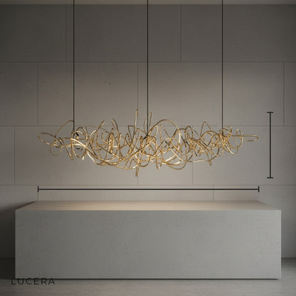front view of Isabelline rectangle chandelier with gold metal frame and integrated G9 LED bars