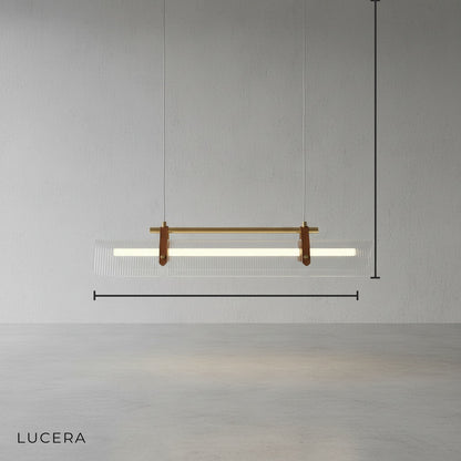 Naphthol linear chandelier with leather straps and iron frame, angled studio view showing full length