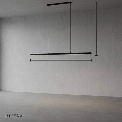 front view of minimalist black chandelier with warm copper details in professional studio lighting
