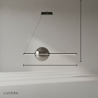 front view of Bjorn chandelier in clean studio setting highlighting aluminum and glass details