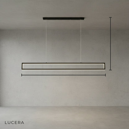 minimalist black iron chandelier with soft white silica-gel light bar, front view, studio lighting