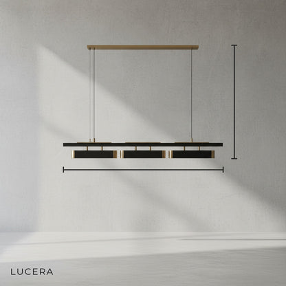 Studio view of Oskar chandelier with adjustable cords and brushed steel finish from front angle