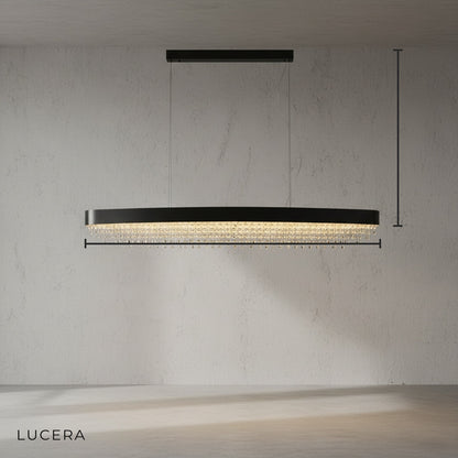 studio shot of Ulf stainless steel chandelier with crystal strands side angle