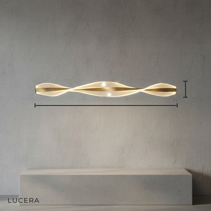 Brage spiral chandelier studio side angle showing cascading spiral structure and warm bulbs