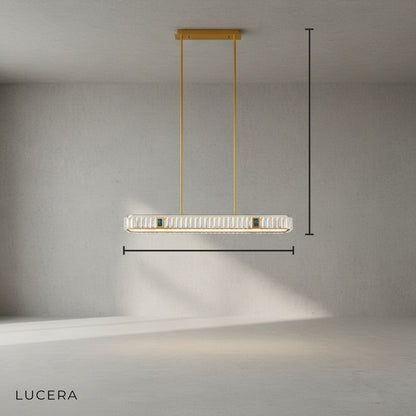 Frej pendant chandelier angled studio view showing sleek copper frame and faceted crystal strands