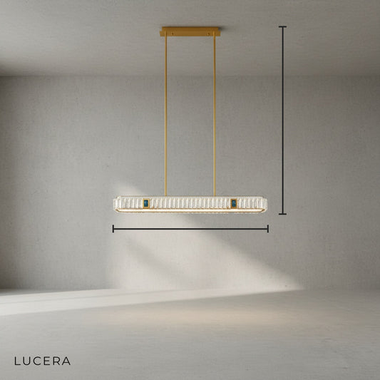 Frej pendant chandelier angled studio view showing sleek copper frame and faceted crystal strands