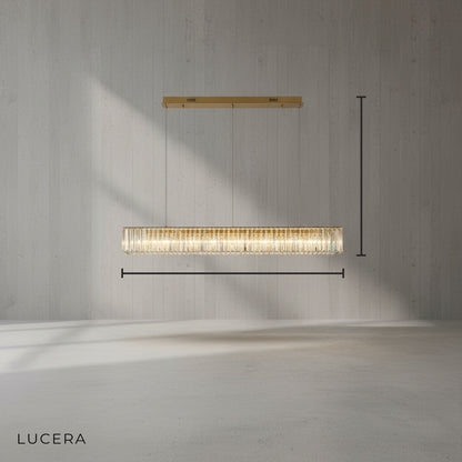Front view of Ivar LED chandelier on clean white background showing elongated crystal tiers