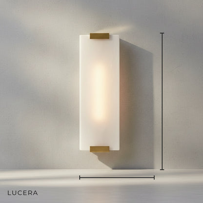 postmodern wall lamp with natural marble slab and copper finish, side angle studio view