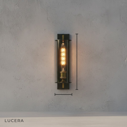 Studio shot of black iron and clear glass wall sconce