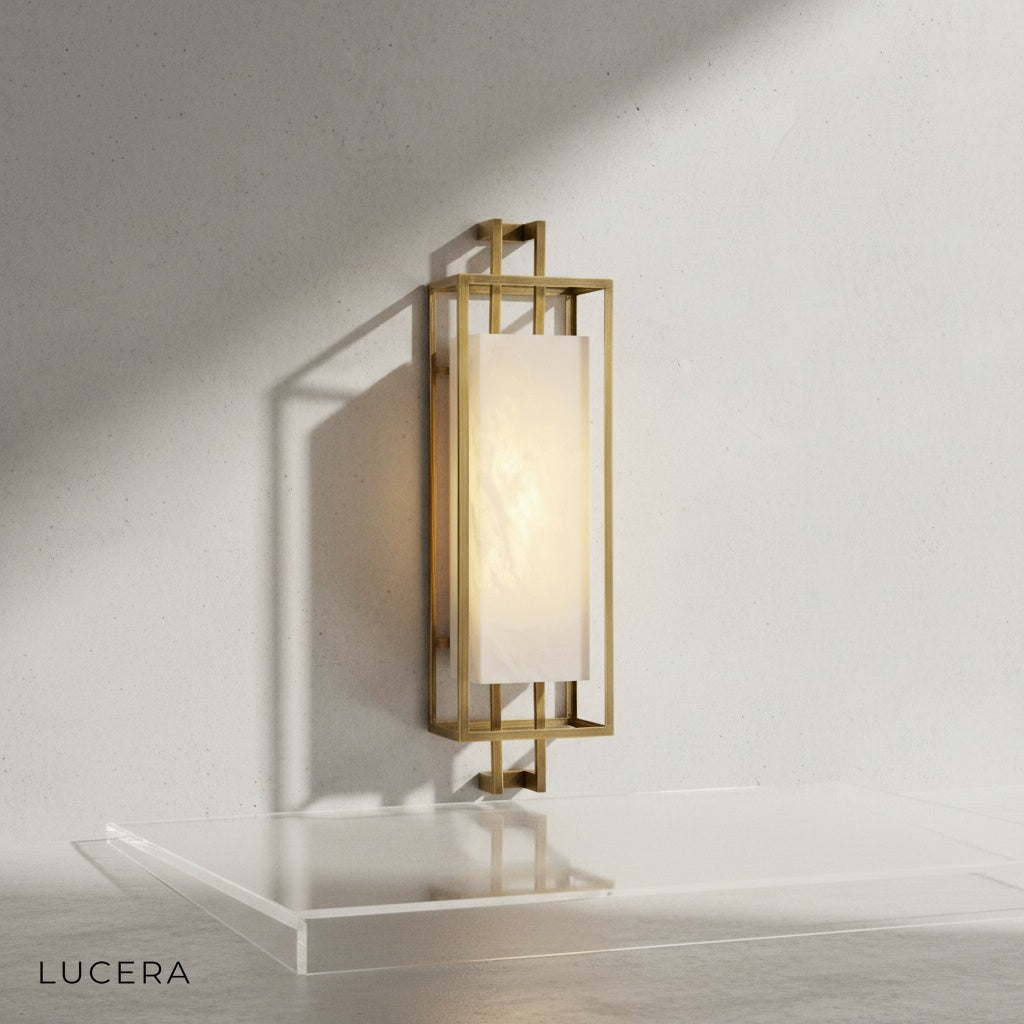 close-up of natural marble texture and copper accents on Arbor lamp base