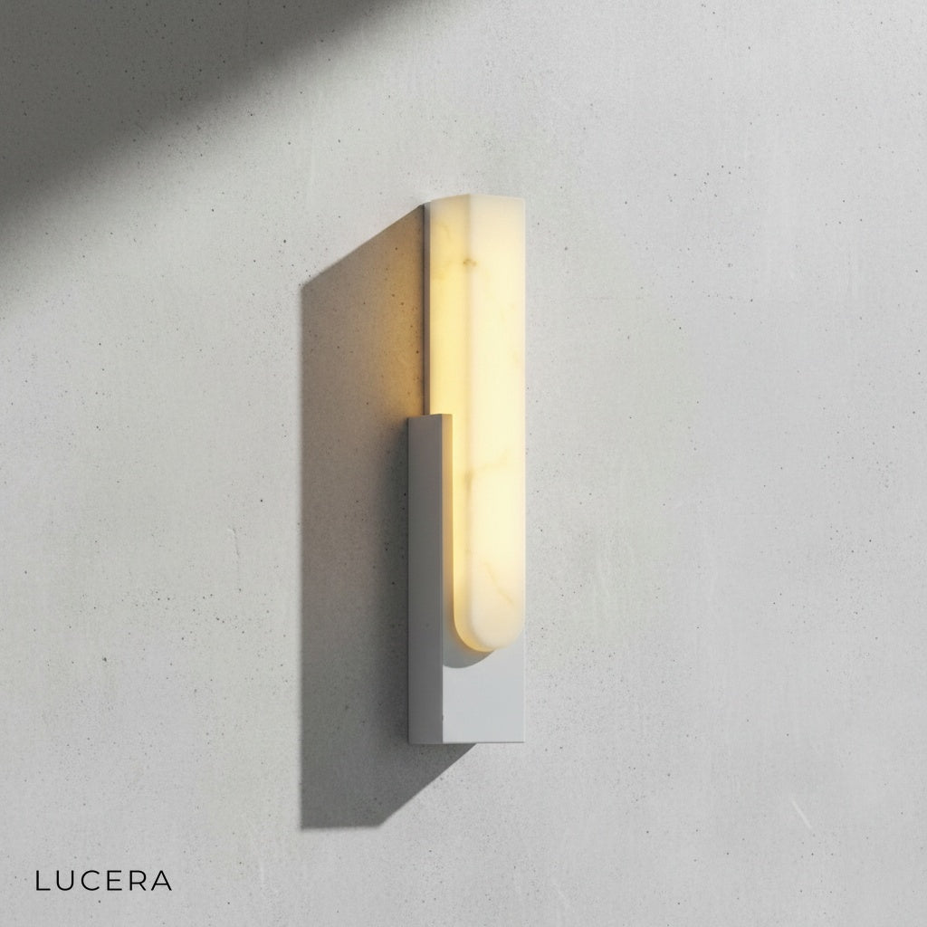 Close-up of natural marble texture on modern Nordic wall lamp