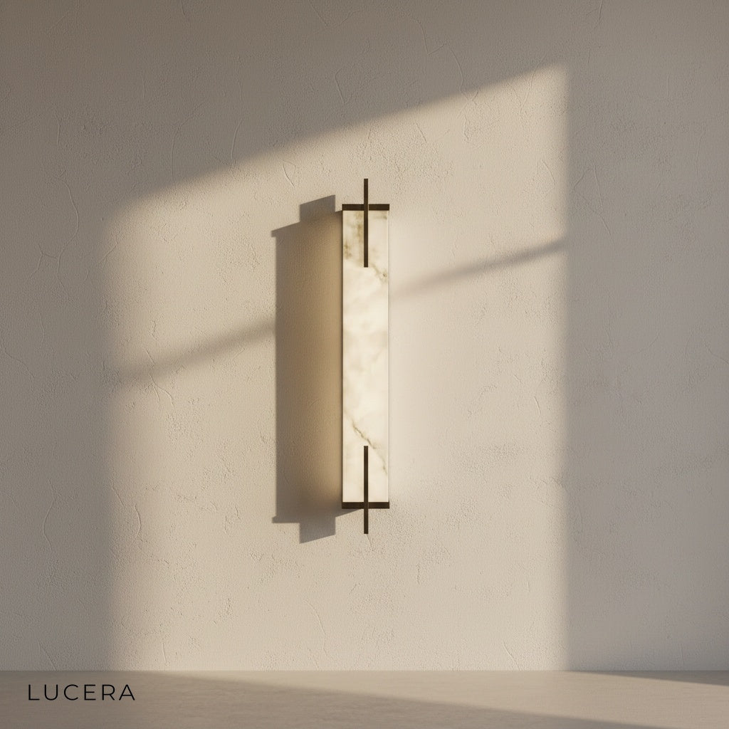 Close-up of iron frame texture and acrylic light panel on Amalfi wall lamp
