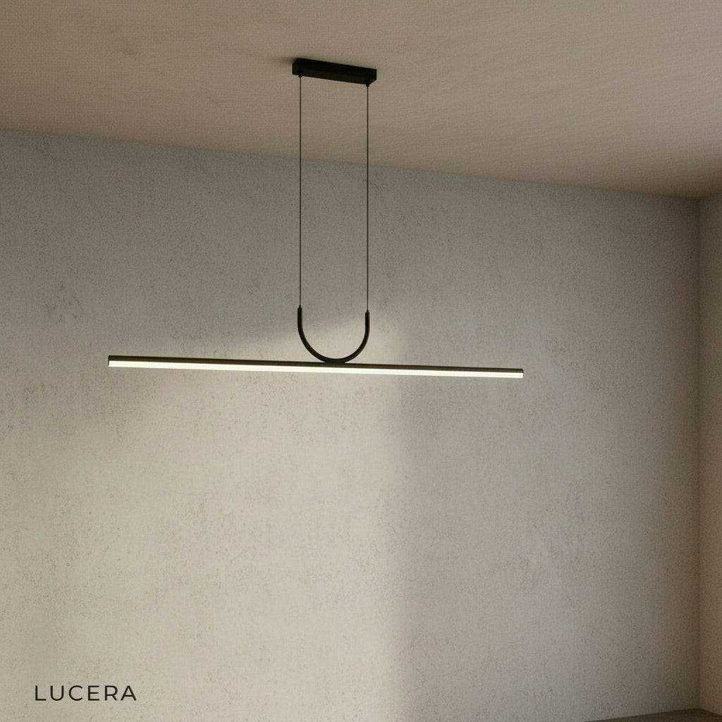 Studio shot of black Honeysuckle linear pendant light with integrated LED bar, front view on clean white background