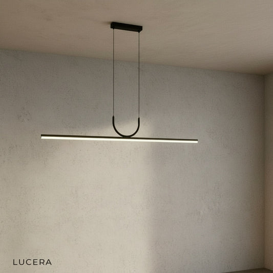 Studio shot of black Honeysuckle linear pendant light with integrated LED bar, front view on clean white background