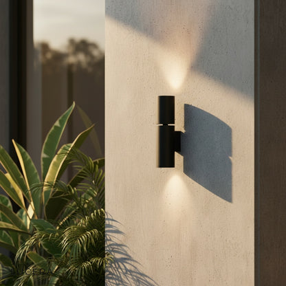 architectural detail of anodized aluminum finish and LED lens on Canopus wall fixture