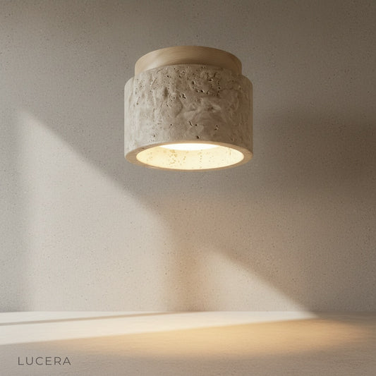Wanda Downlight yellow travertine wood finish front view studio photo