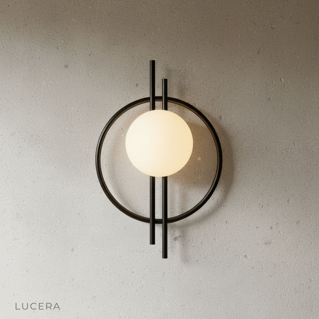 Leander Wall Lamp side profile on clean white background, iron frame