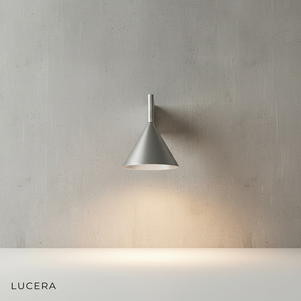 Close-up of brushed metal texture and conical shade edge