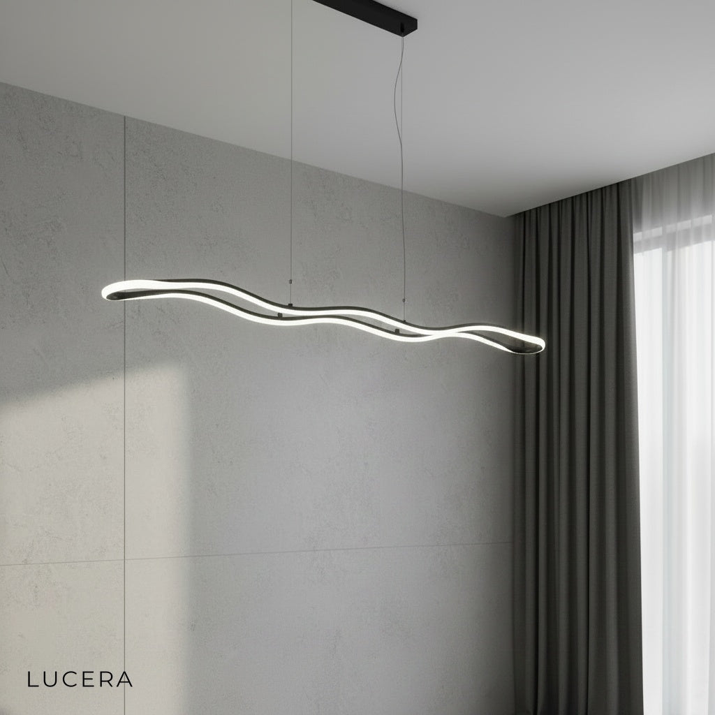 close-up of SMD LED strip inside wave pendant lamp showing warm light setting