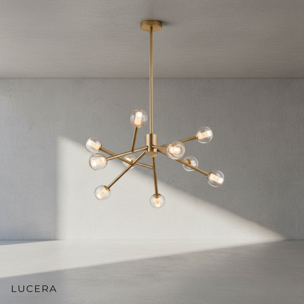 close-up of hand-blown glass orb and copper joint on Norn chandelier
