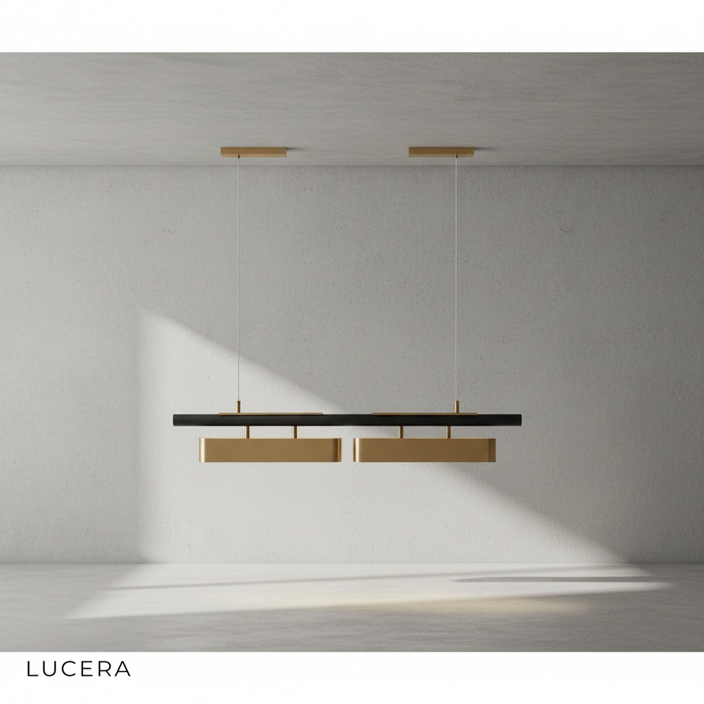 Close-up of Oskar LED chandelier stainless steel block joint and warm light strip detail