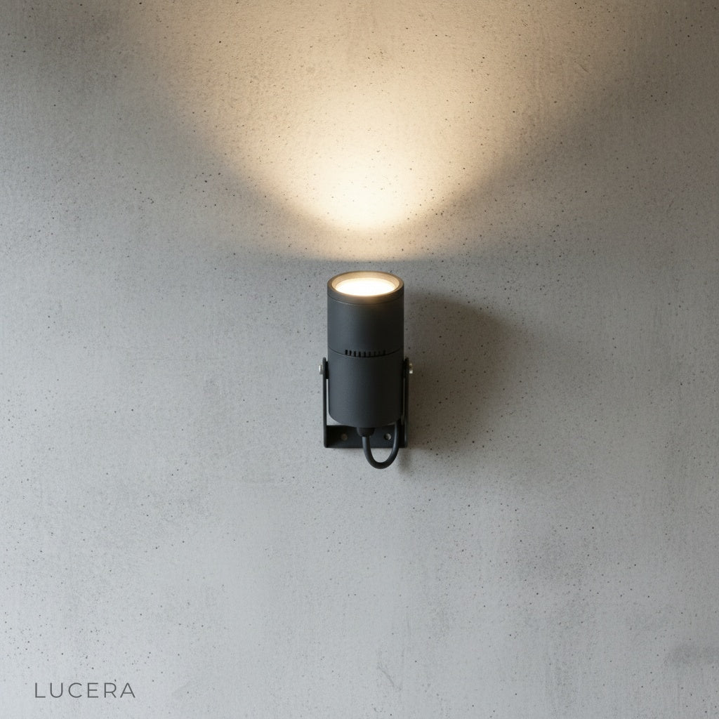 front view of Eurus outdoor spotlight with glass diffuser and adjustable bracket