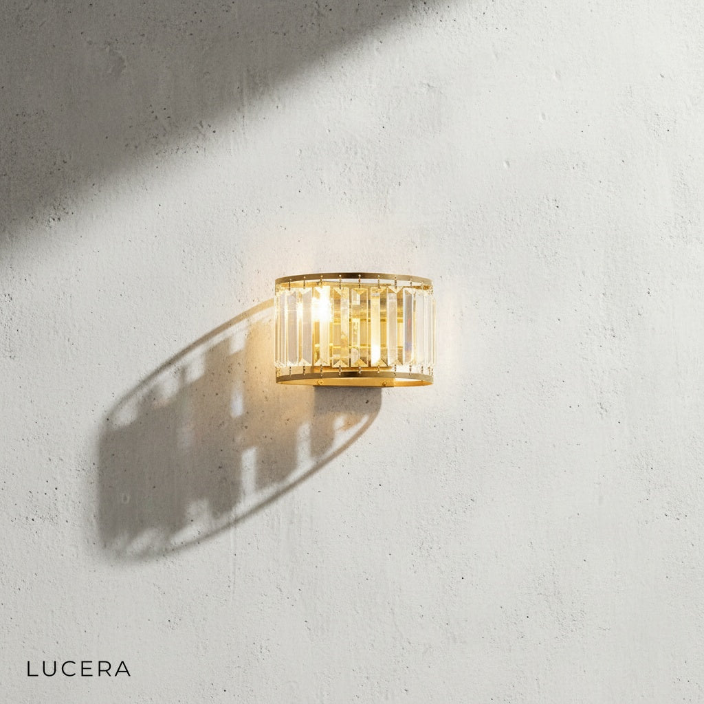 Fermata crystal wall lamp in black finish mounted on modern hallway wall