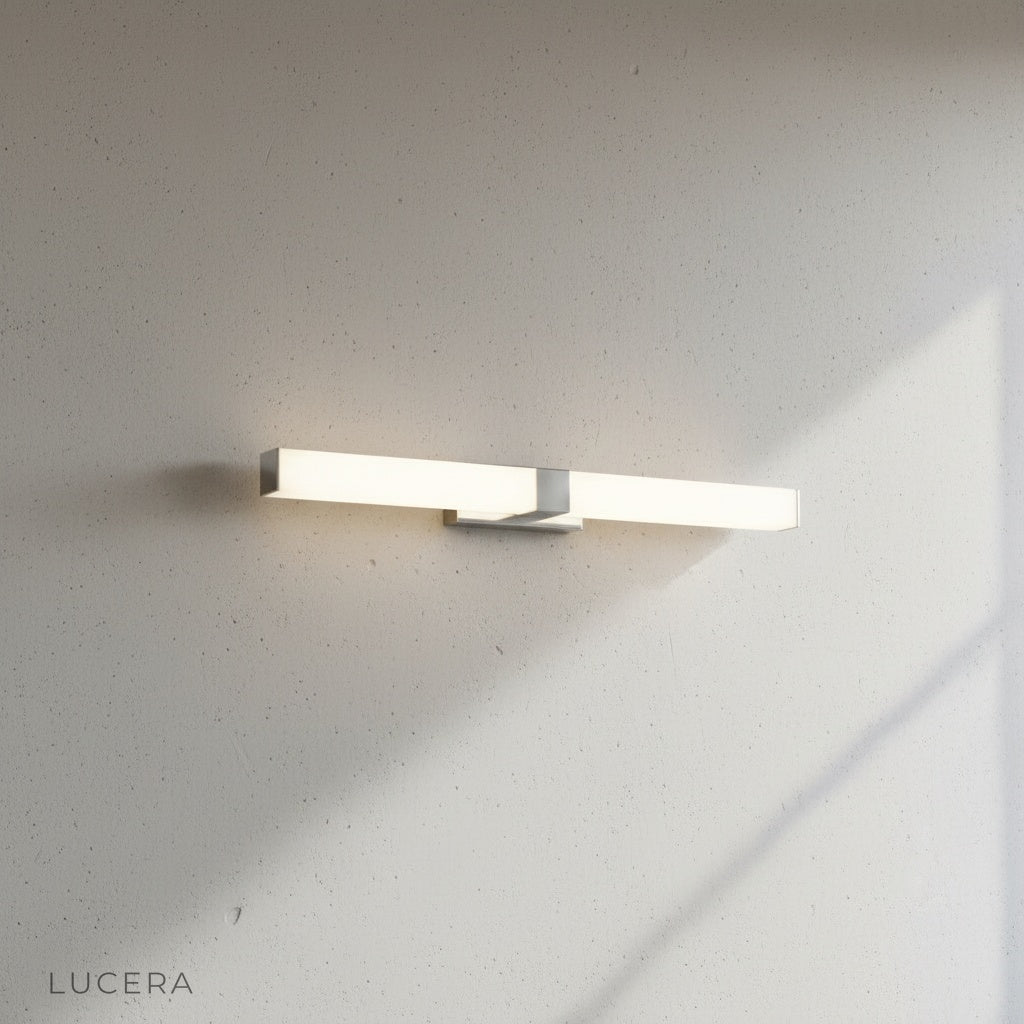 sleek linear wall lamp mounted on clean white studio wall