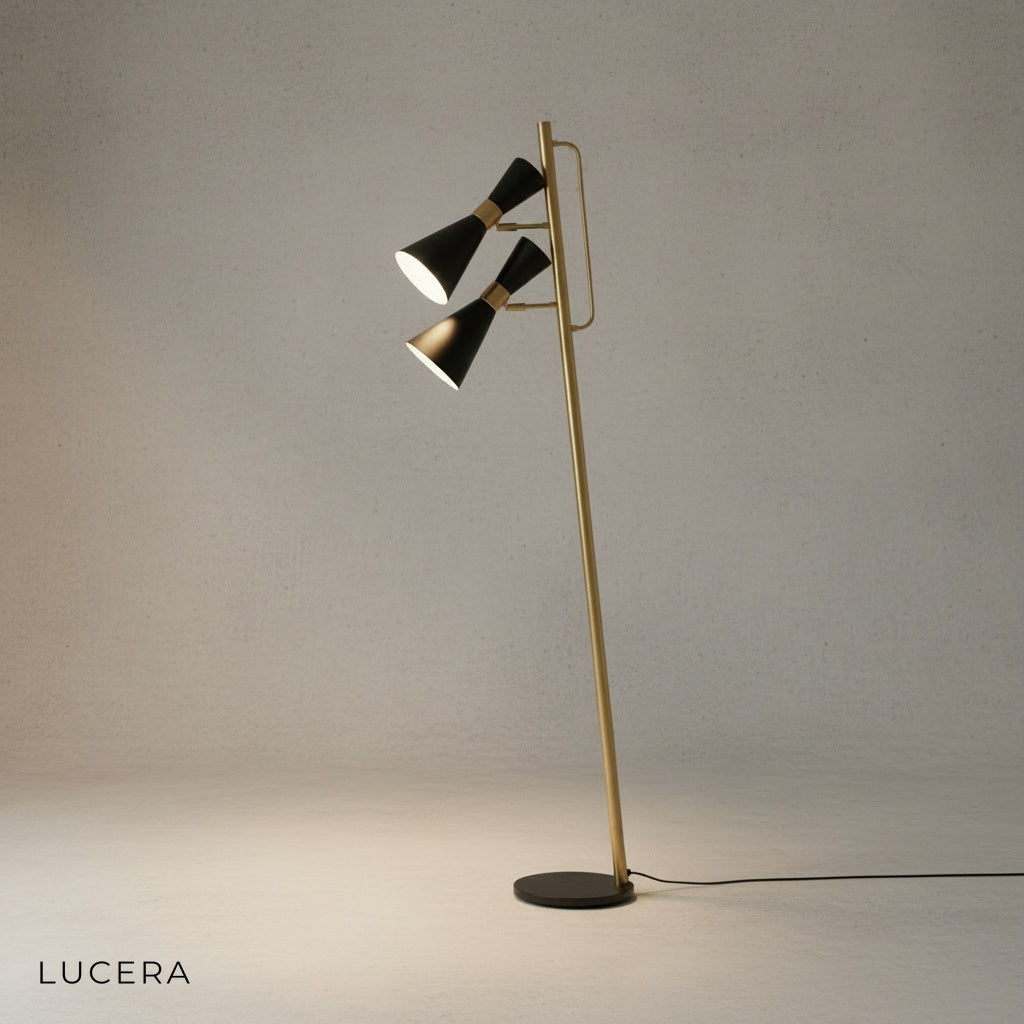 Studio view of slim Lucera floor lamp showing full silhouette and matte black finish