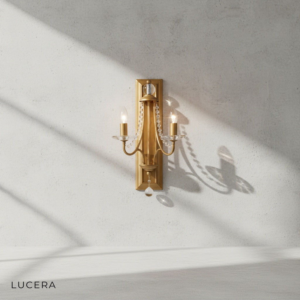 Close-up of crystal accents and iron frame on retro candle wall sconce