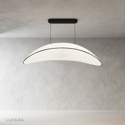 front view of Dart Silk Chandelier showing sculptural silhouette and soft ivory silk diffuser in clean studio setting