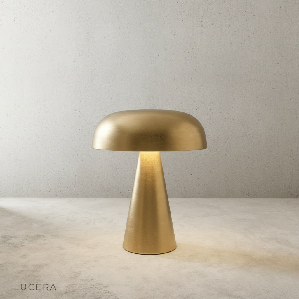 front view of copper Nenia table lamp with visible tap control base
