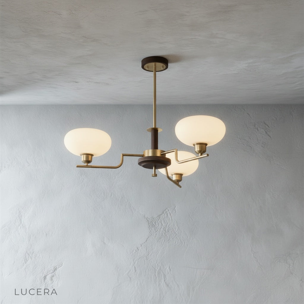 front view of walnut finish inlet chandelier with five lights hanging from ceiling in clean studio setting