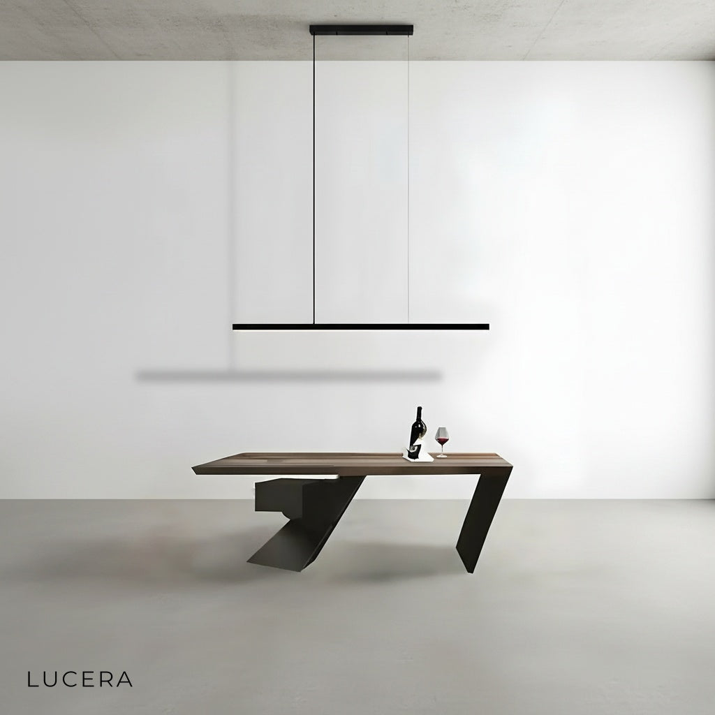 black chandelier with dimmable LED lights in cool white tone against grey studio backdrop
