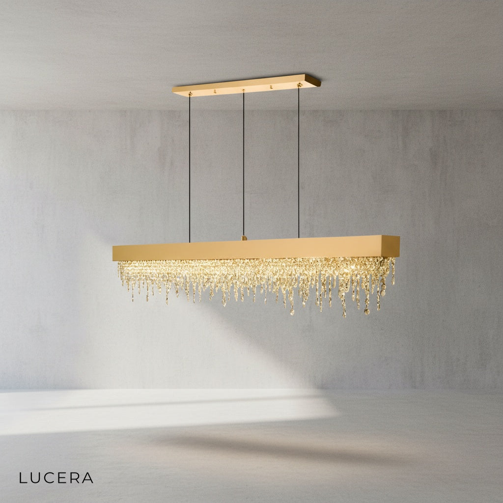 Close-up of Sol chandelier crystal details and black steel frame with gold trim