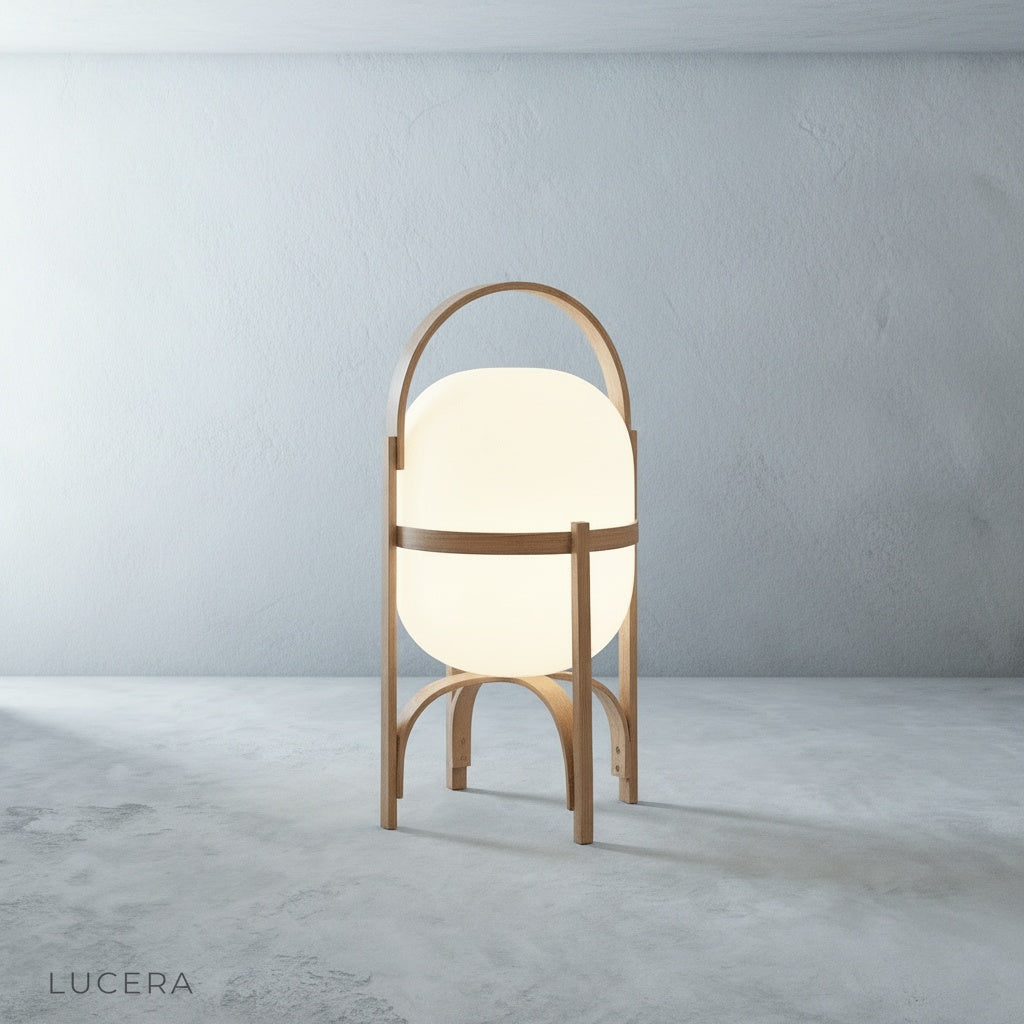 Studio view of portable Aureolin table lamp showing warm diffused glow through opal glass and natural wood grain