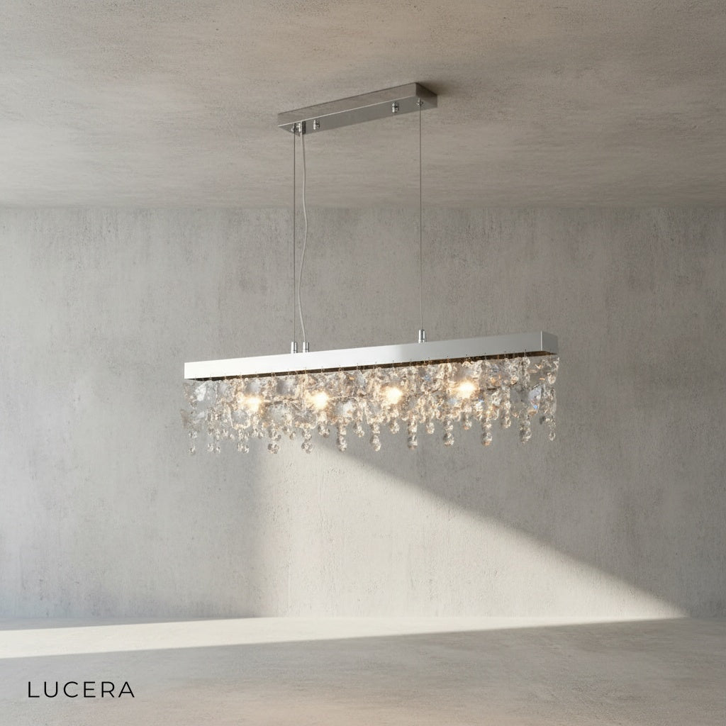 Hlin rectangular crystal LED chandelier hanging above a kitchen island with warm ambient lighting