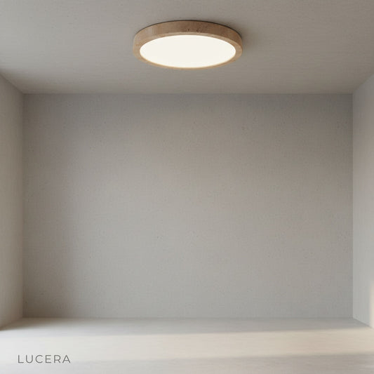 Front view of Lucera Icy Ceiling Light mounted on clean white ceiling in bright studio